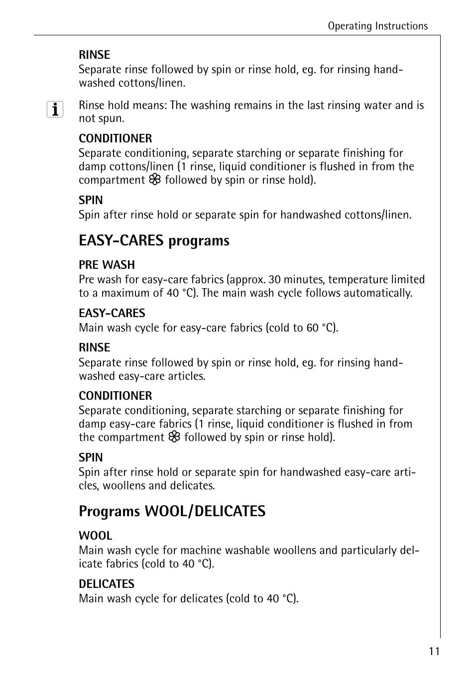 Easy-cares programs, Programs wool/delicates | Electrolux LAVAMAT 50430 User Manual | Page 11 / 56