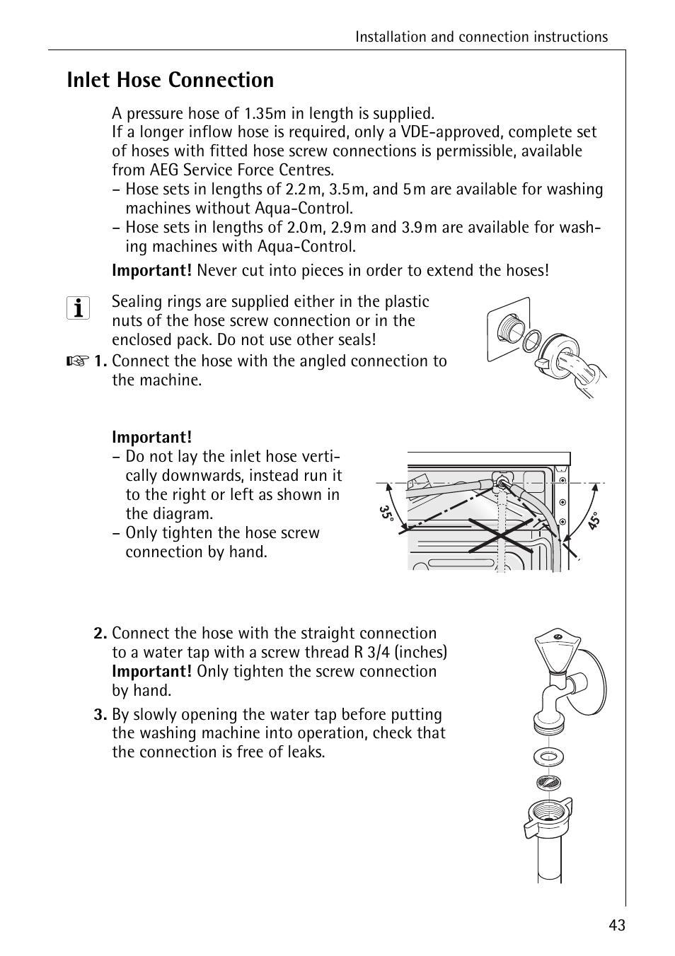 Inlet hose connection | Electrolux LAVAMAT 50430 User Manual | Page 43 / 56