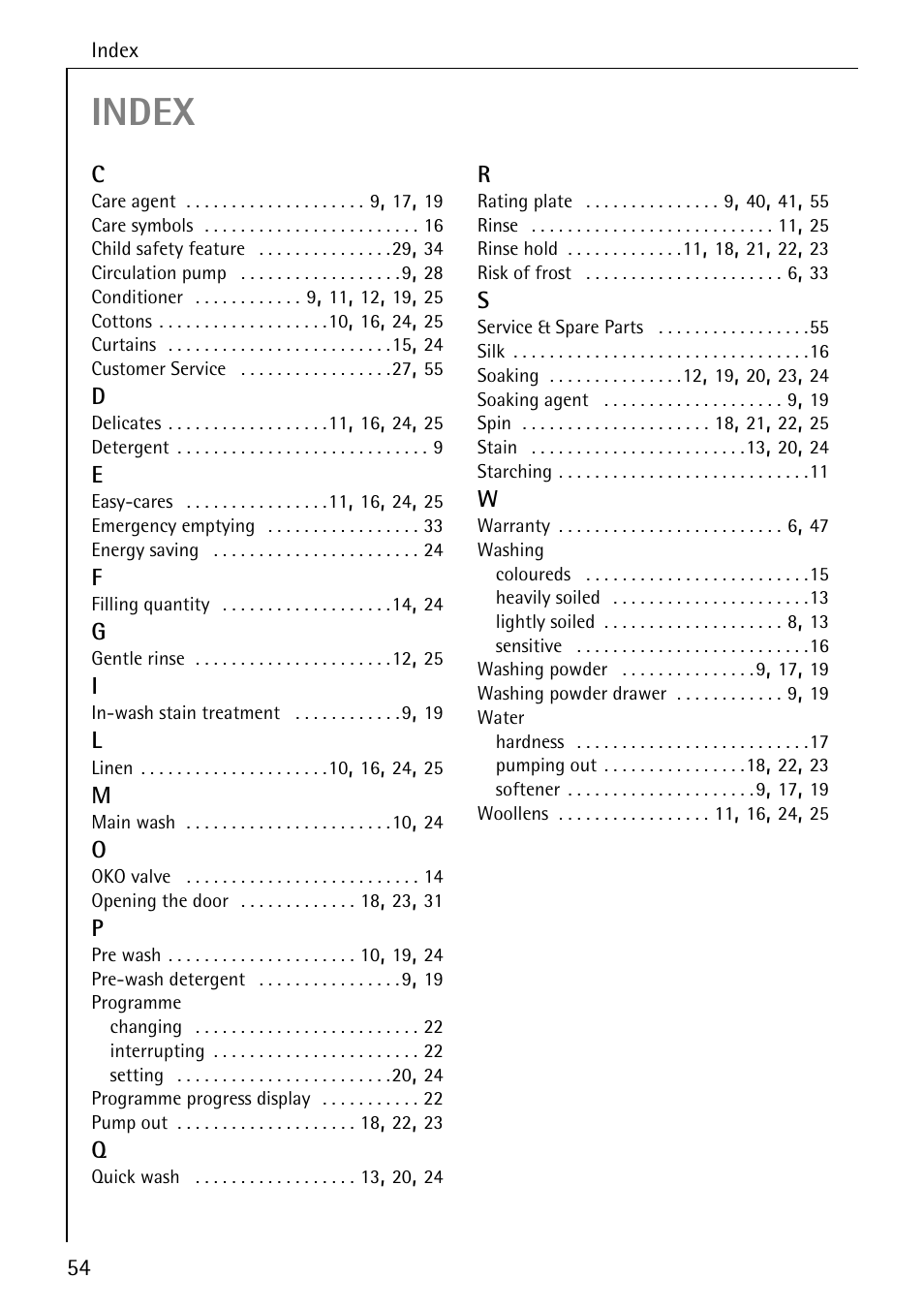 Index | Electrolux LAVAMAT 50430 User Manual | Page 54 / 56