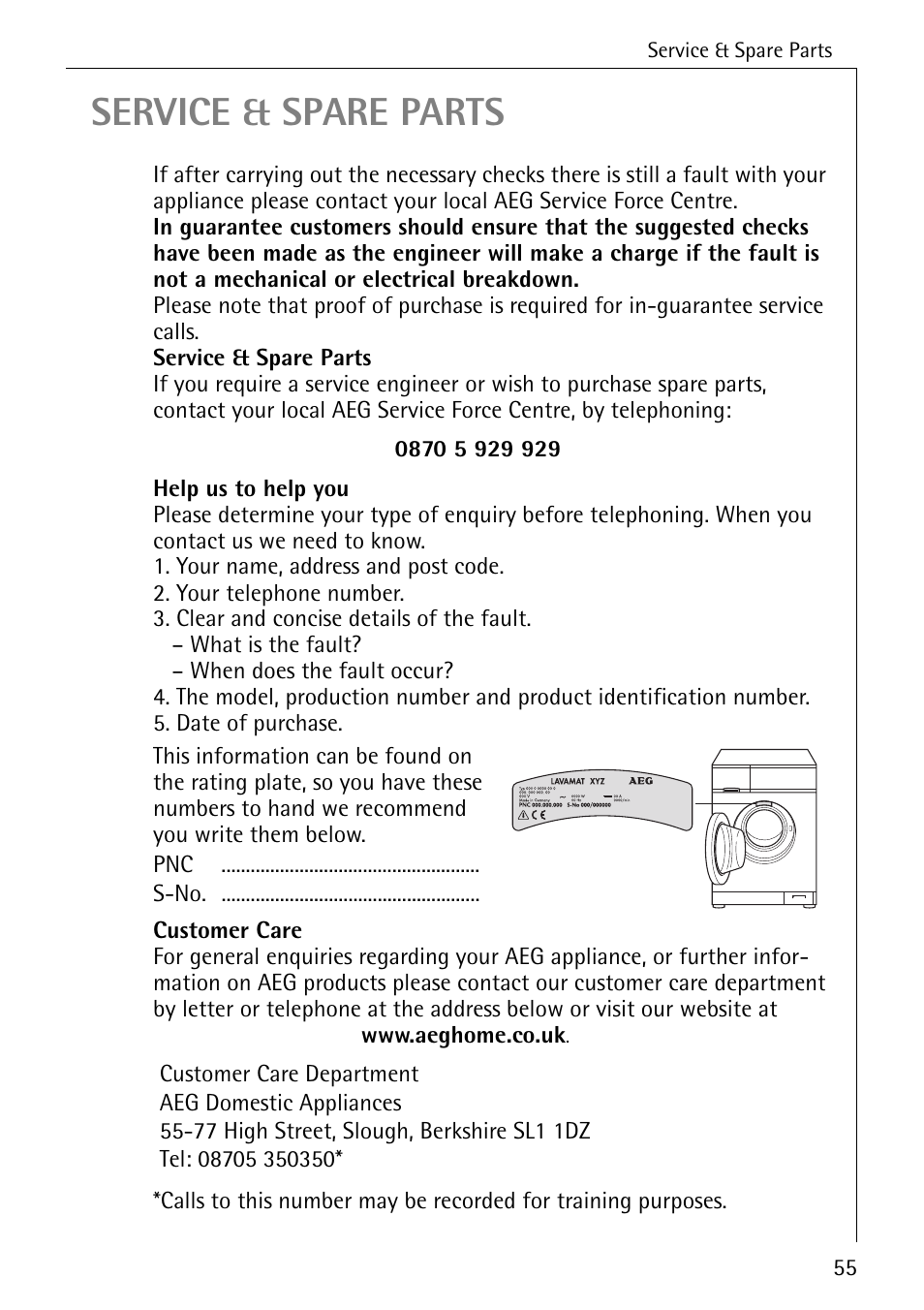 Service & spare parts | Electrolux LAVAMAT 50430 User Manual | Page 55 / 56