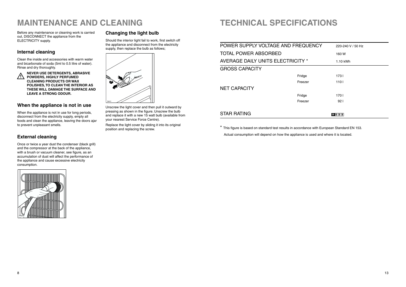Maintenance and cleaning, Technical specifications | Electrolux ERN 2820 User Manual | Page 13 / 20