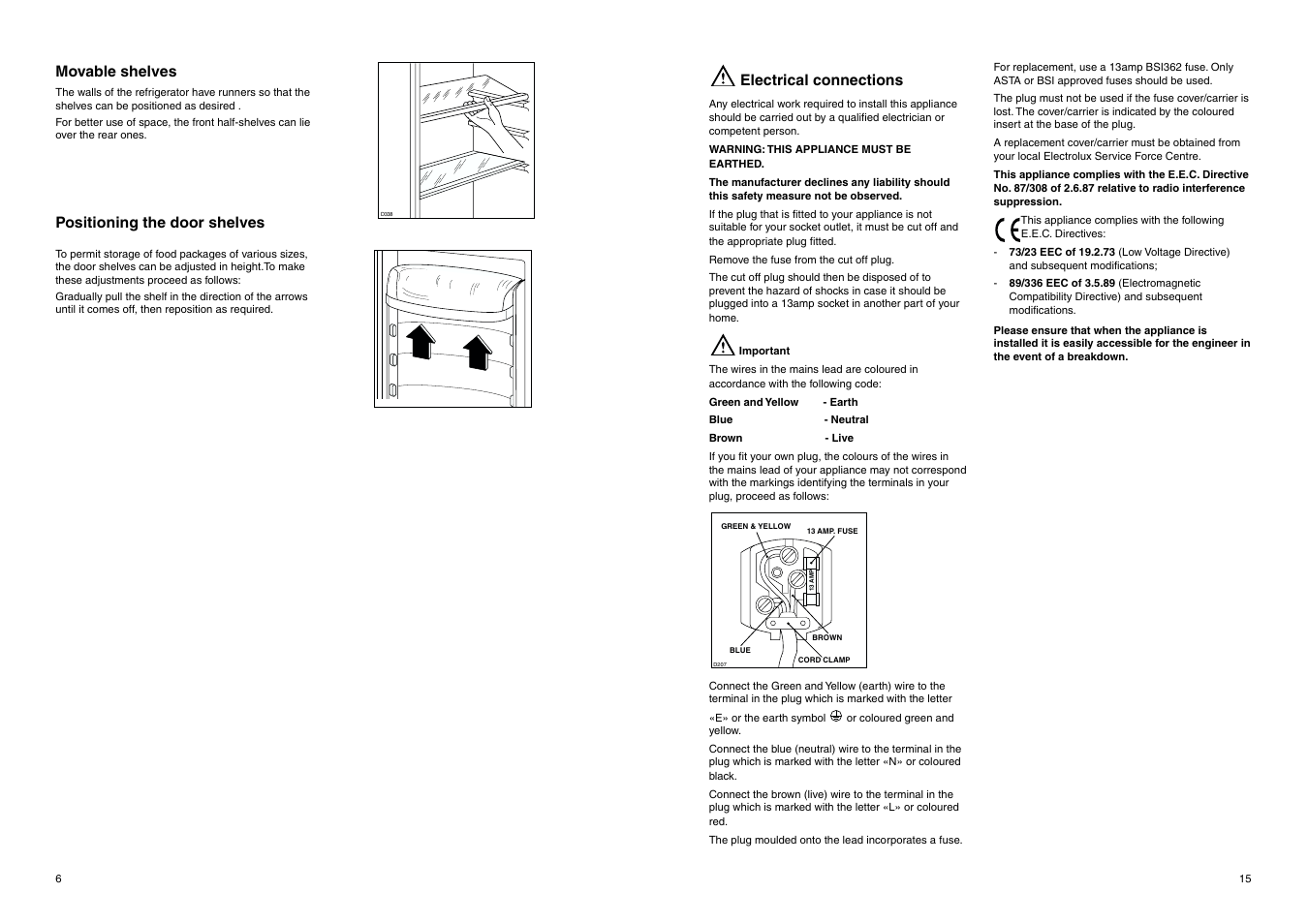 Movable shelves, Positioning the door shelves, Electrical connections | Electrolux ERN 2820 User Manual | Page 15 / 20
