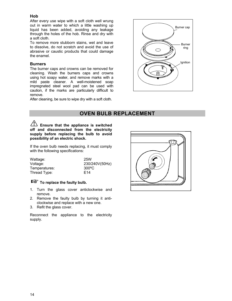 Oven bulb replacement | Electrolux ZCG 531 User Manual | Page 14 / 28