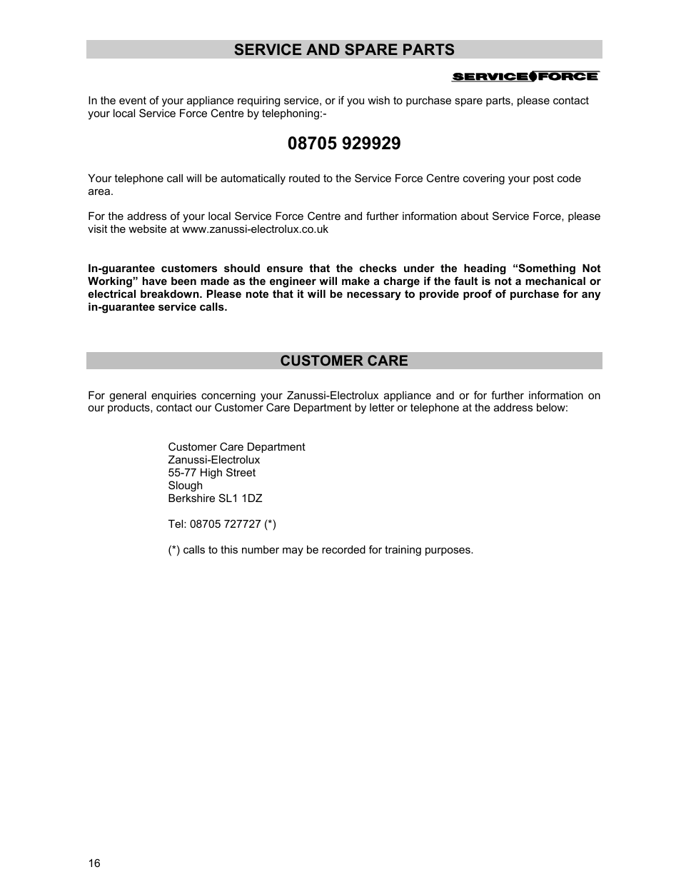 Service and spare parts | Electrolux ZCG 531 User Manual | Page 16 / 28