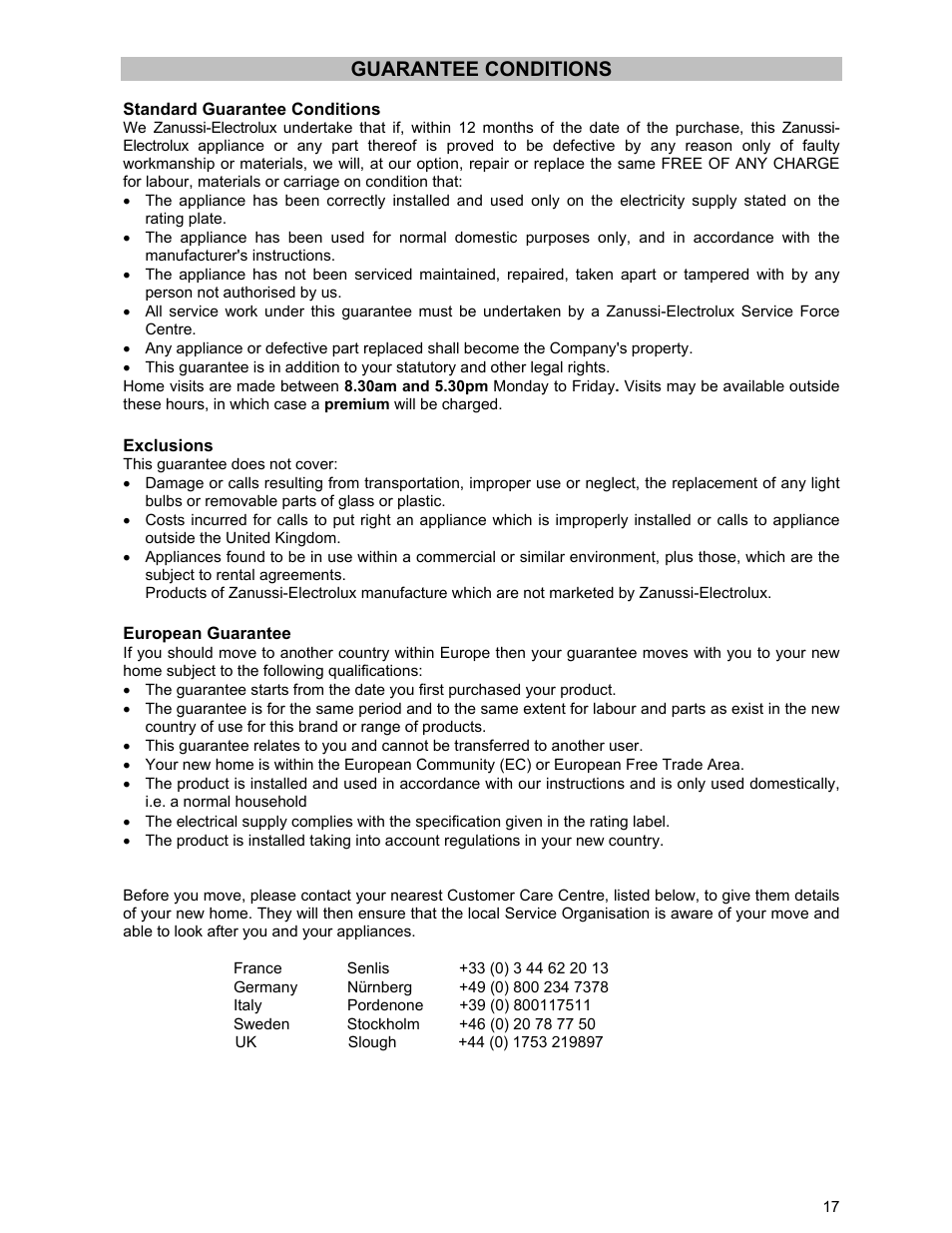 Guarantee conditions | Electrolux ZCG 531 User Manual | Page 17 / 28