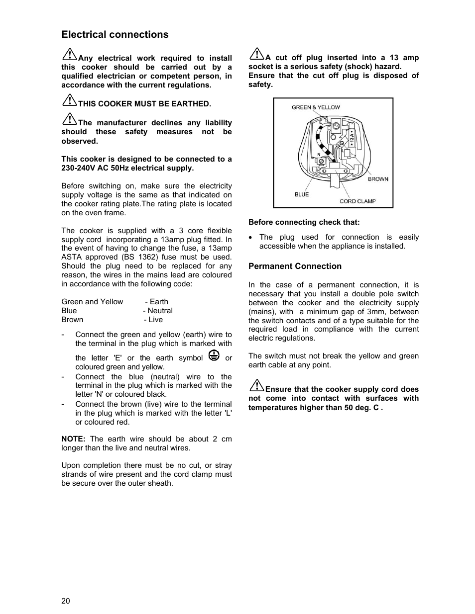 Electrical connections | Electrolux ZCG 531 User Manual | Page 20 / 28