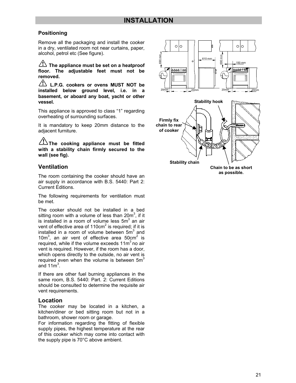 Installation, Ventilation, Location | Positioning | Electrolux ZCG 531 User Manual | Page 21 / 28