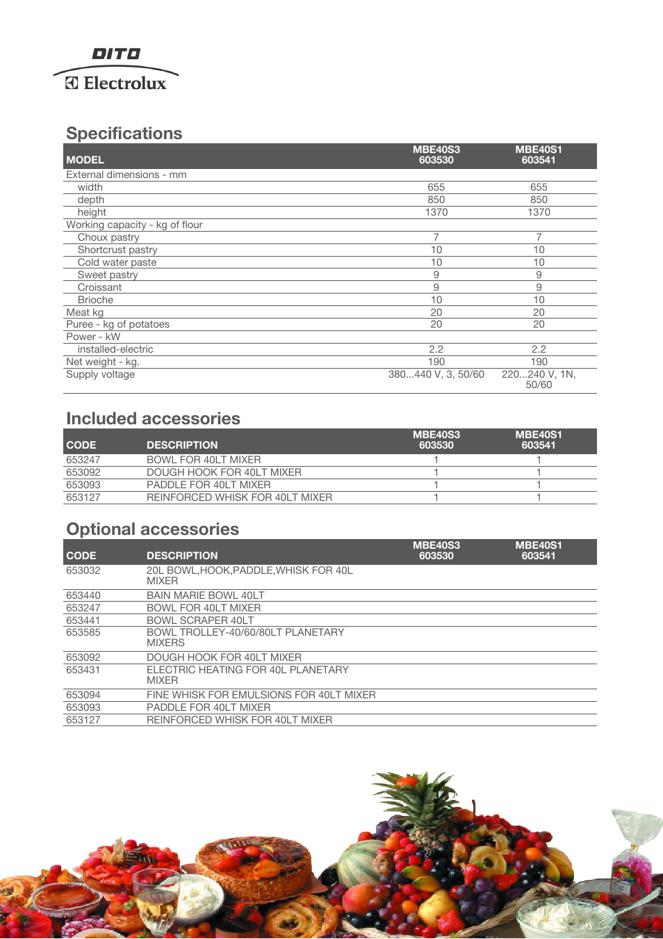 Specifications, Included accessories, Optional accessories | Electrolux MBE40S3 User Manual | Page 2 / 4