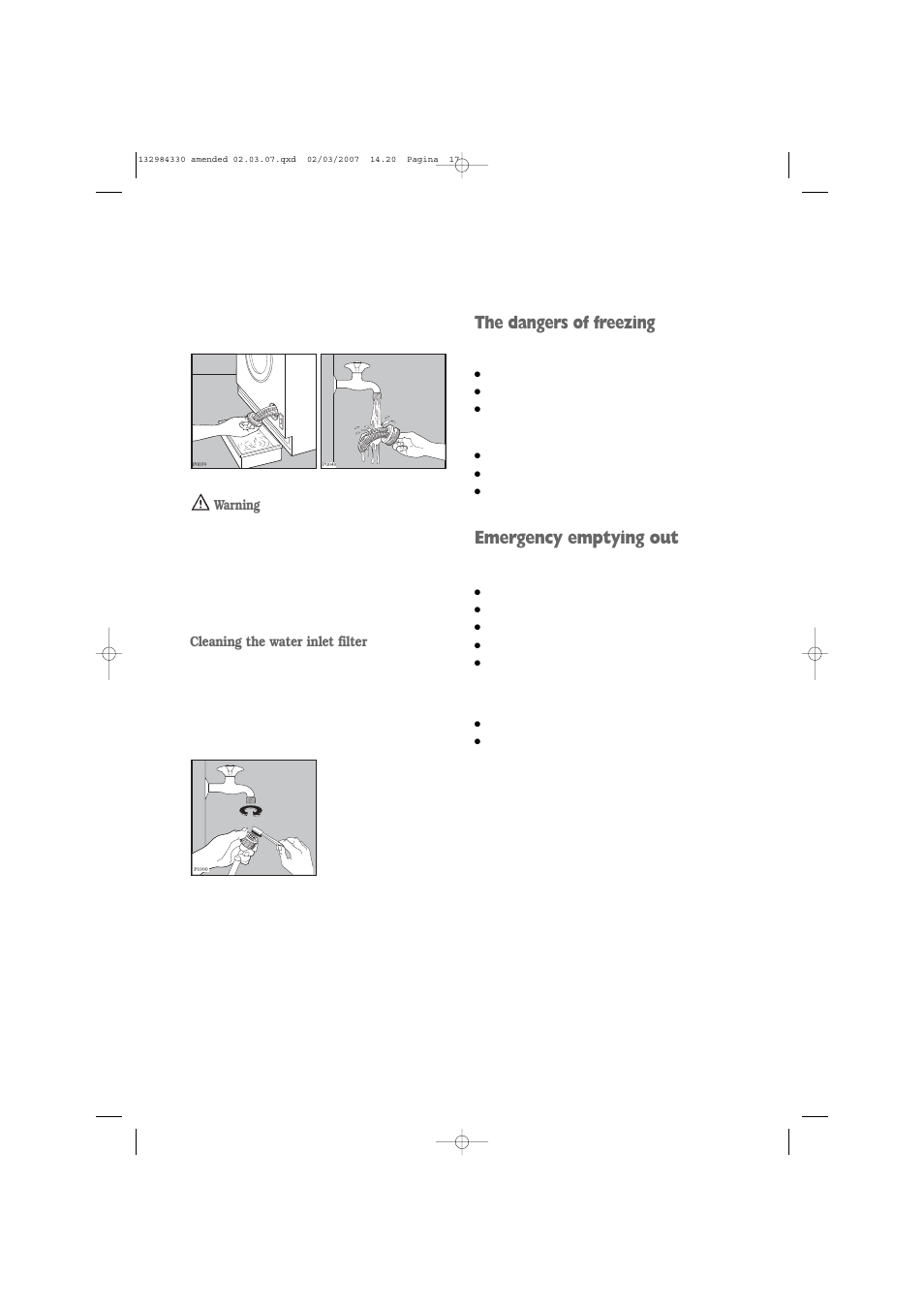 The dangers of freezing, Emergency emptying out, Warning | Cleaning the water inlet filter | Electrolux U27381 EW 1013 I User Manual | Page 17 / 28