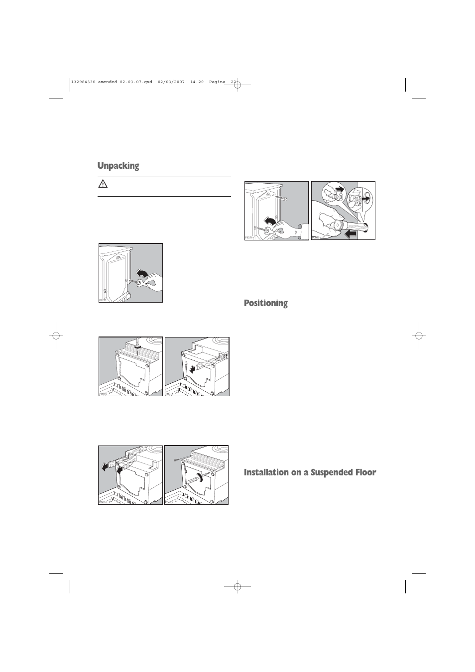 Unpacking, Positioning, Installation on a suspended floor | Electrolux U27381 EW 1013 I User Manual | Page 22 / 28