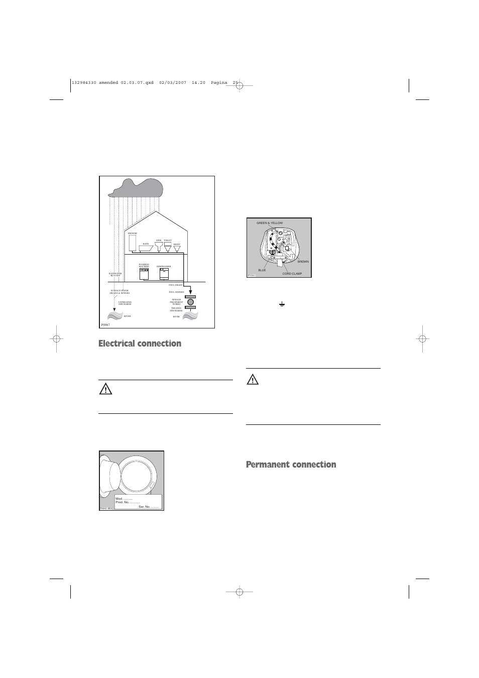 Electrical connection, Permanent connection, Mod . .......... pro d. no . ........... se r. n o | Electrolux U27381 EW 1013 I User Manual | Page 25 / 28