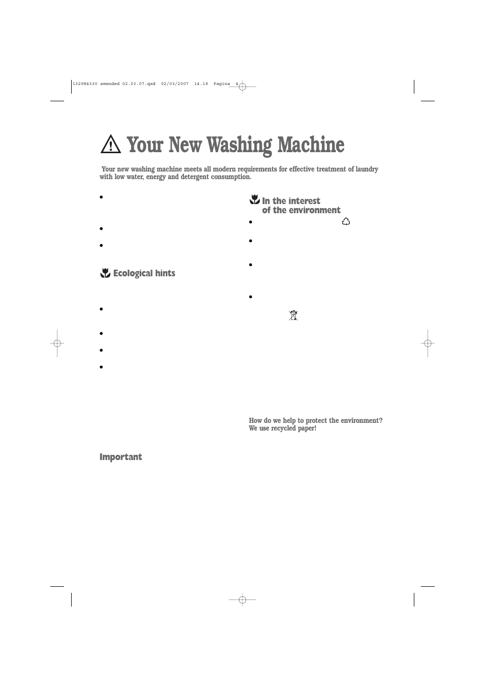 Your new washing machine, Ecological hints, Important | Electrolux U27381 EW 1013 I User Manual | Page 4 / 28