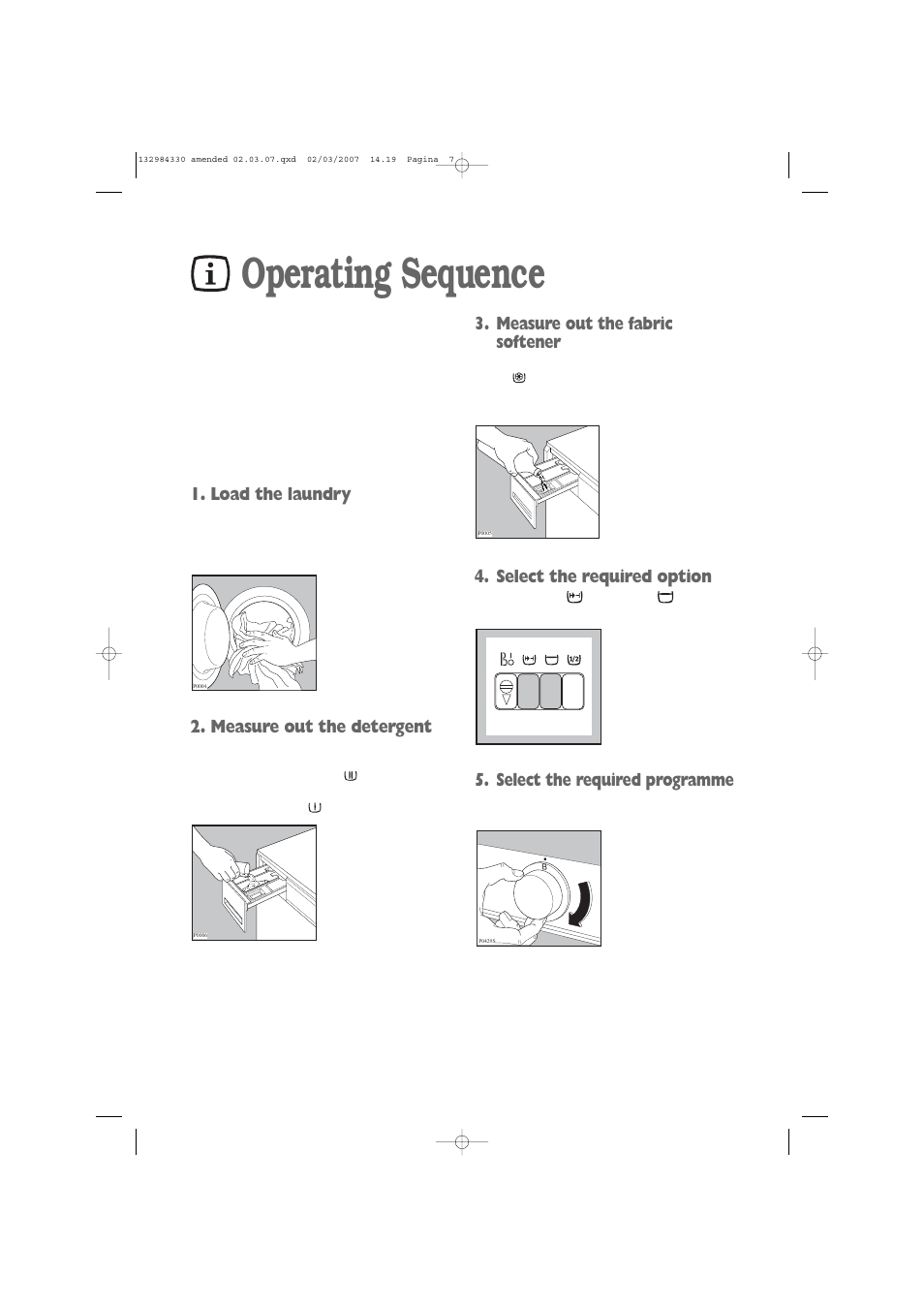 Operating sequence, Load the laundry, Measure out the detergent | Measure out the fabric softener, Select the required option, Select the required programme | Electrolux U27381 EW 1013 I User Manual | Page 7 / 28