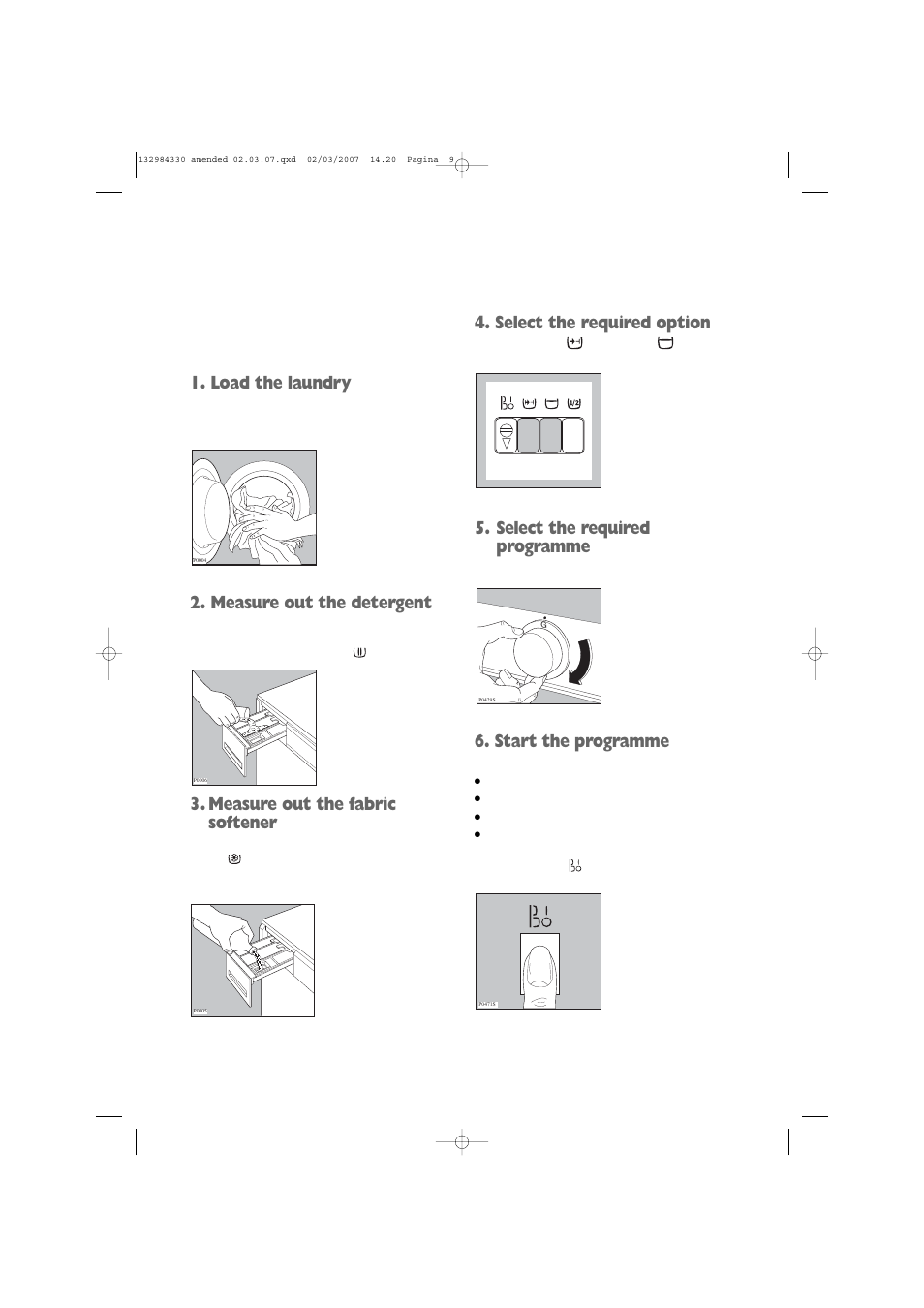 Load the laundry, Measure out the detergent, Measure out the fabric softener | Select the required option, Select the required programme, Start the programme | Electrolux U27381 EW 1013 I User Manual | Page 9 / 28