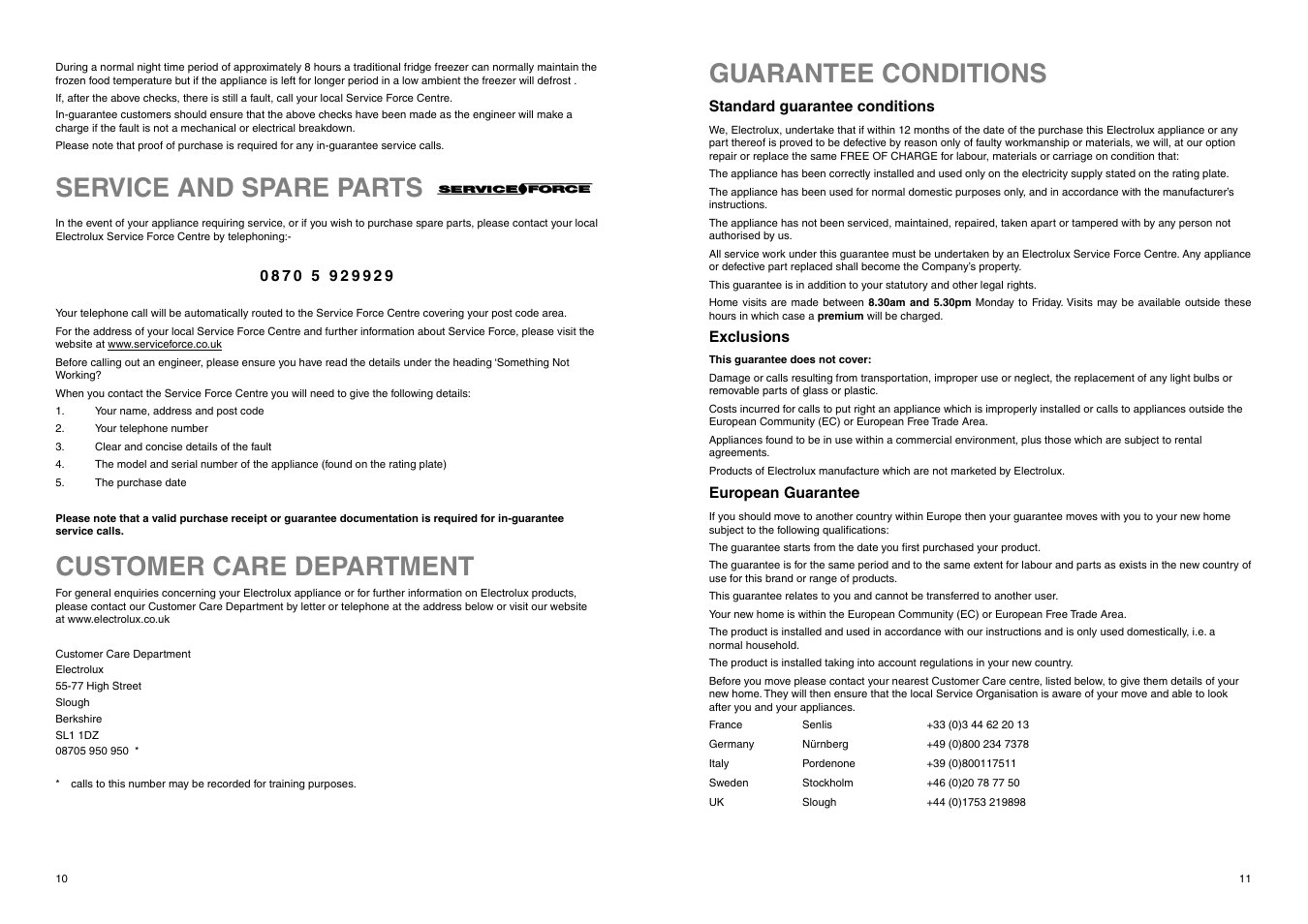 Customer care department, Service and spare parts, Guarantee conditions | Electrolux ERF 2830 User Manual | Page 10 / 20