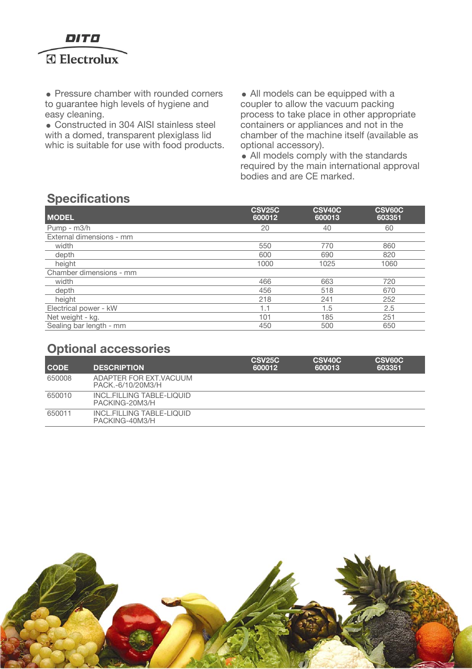 Specifications, Optional accessories | Electrolux Dito CSV40C User Manual | Page 2 / 4