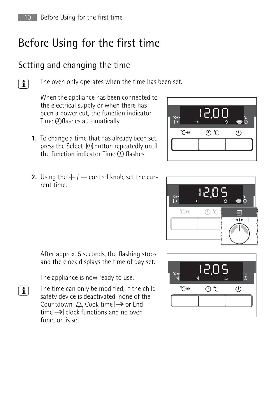 Before using for the first time, Setting and changing the time | Electrolux USER MANUAL BUILT-IN ELECTRIC OVEN B5701-5 User Manual | Page 10 / 60