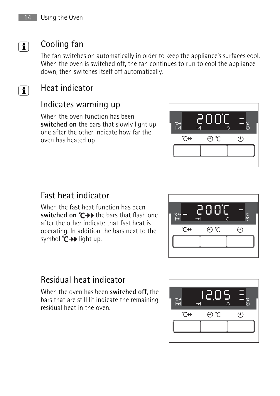 Cooling fan, Heat indicator indicates warming up, Fast heat indicator | Residual heat indicator | Electrolux USER MANUAL BUILT-IN ELECTRIC OVEN B5701-5 User Manual | Page 14 / 60