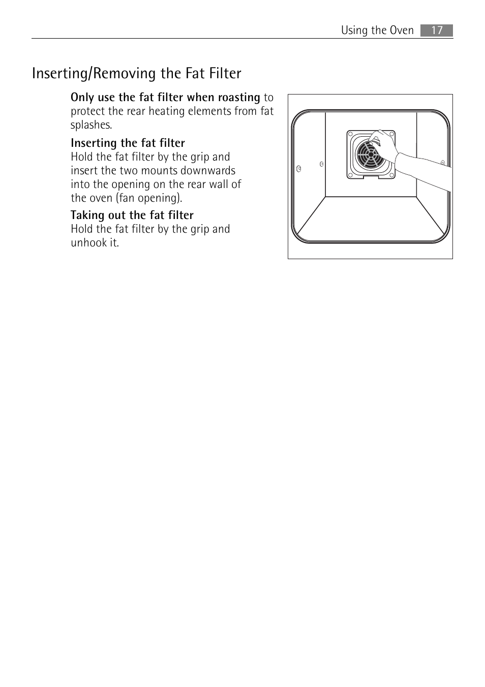 Inserting/removing the fat filter | Electrolux USER MANUAL BUILT-IN ELECTRIC OVEN B5701-5 User Manual | Page 17 / 60