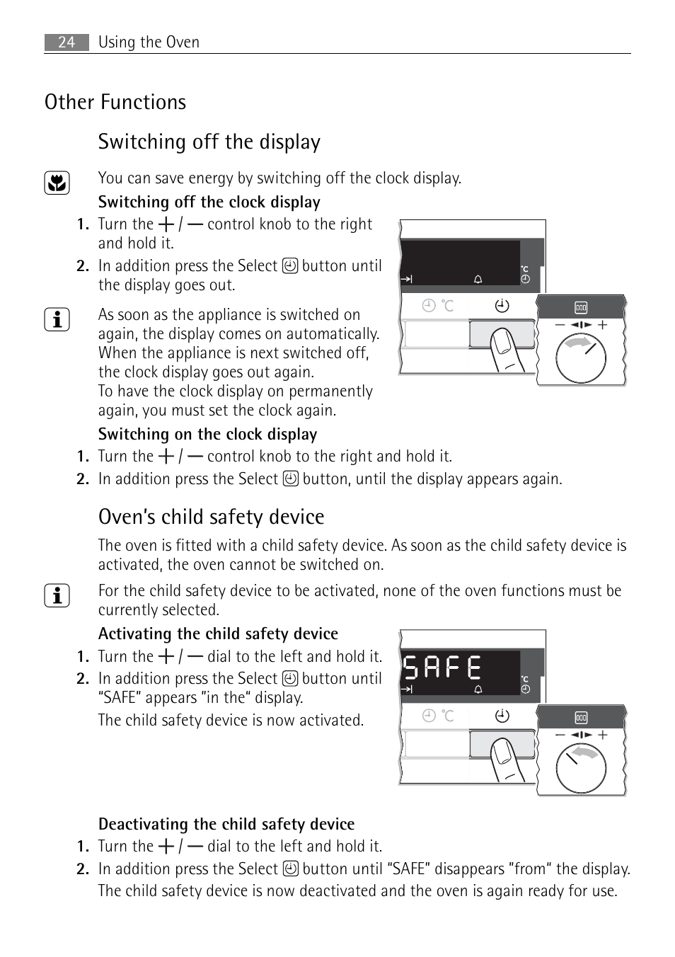 Other functions switching off the display, Oven’s child safety device | Electrolux USER MANUAL BUILT-IN ELECTRIC OVEN B5701-5 User Manual | Page 24 / 60