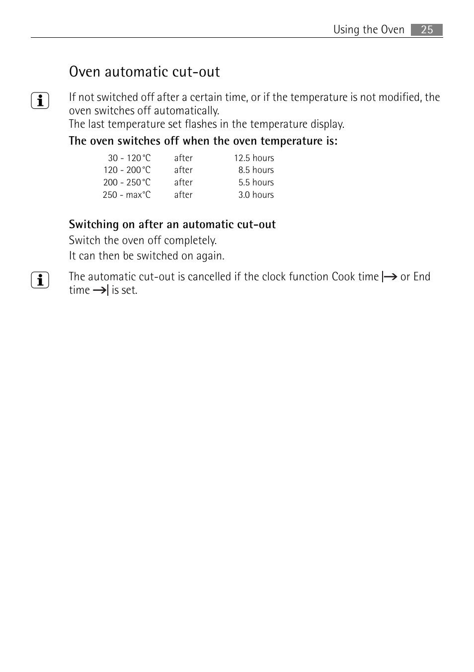 Oven automatic cut-out | Electrolux USER MANUAL BUILT-IN ELECTRIC OVEN B5701-5 User Manual | Page 25 / 60