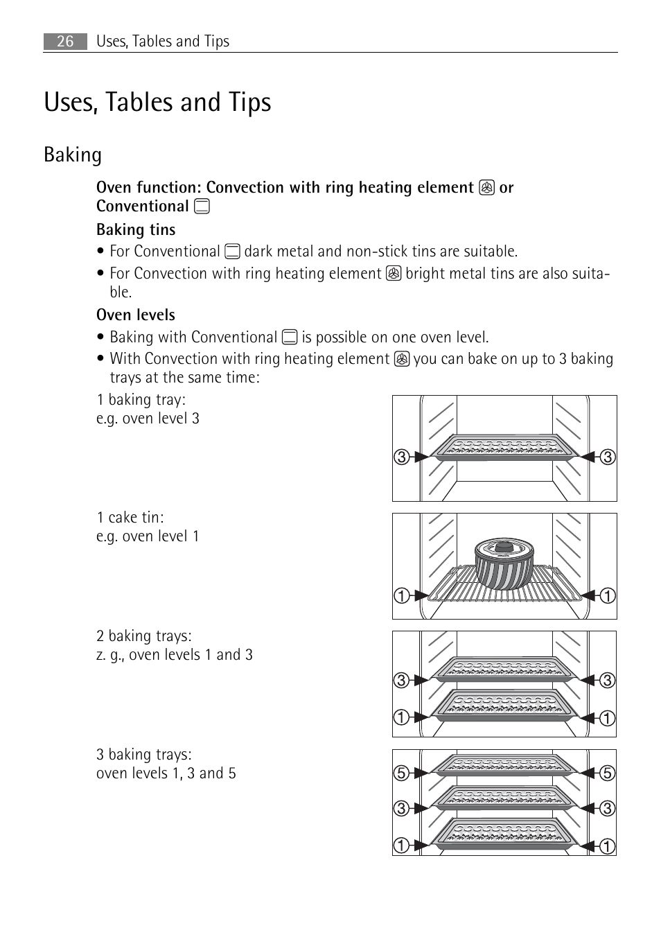Uses, tables and tips, Baking | Electrolux USER MANUAL BUILT-IN ELECTRIC OVEN B5701-5 User Manual | Page 26 / 60