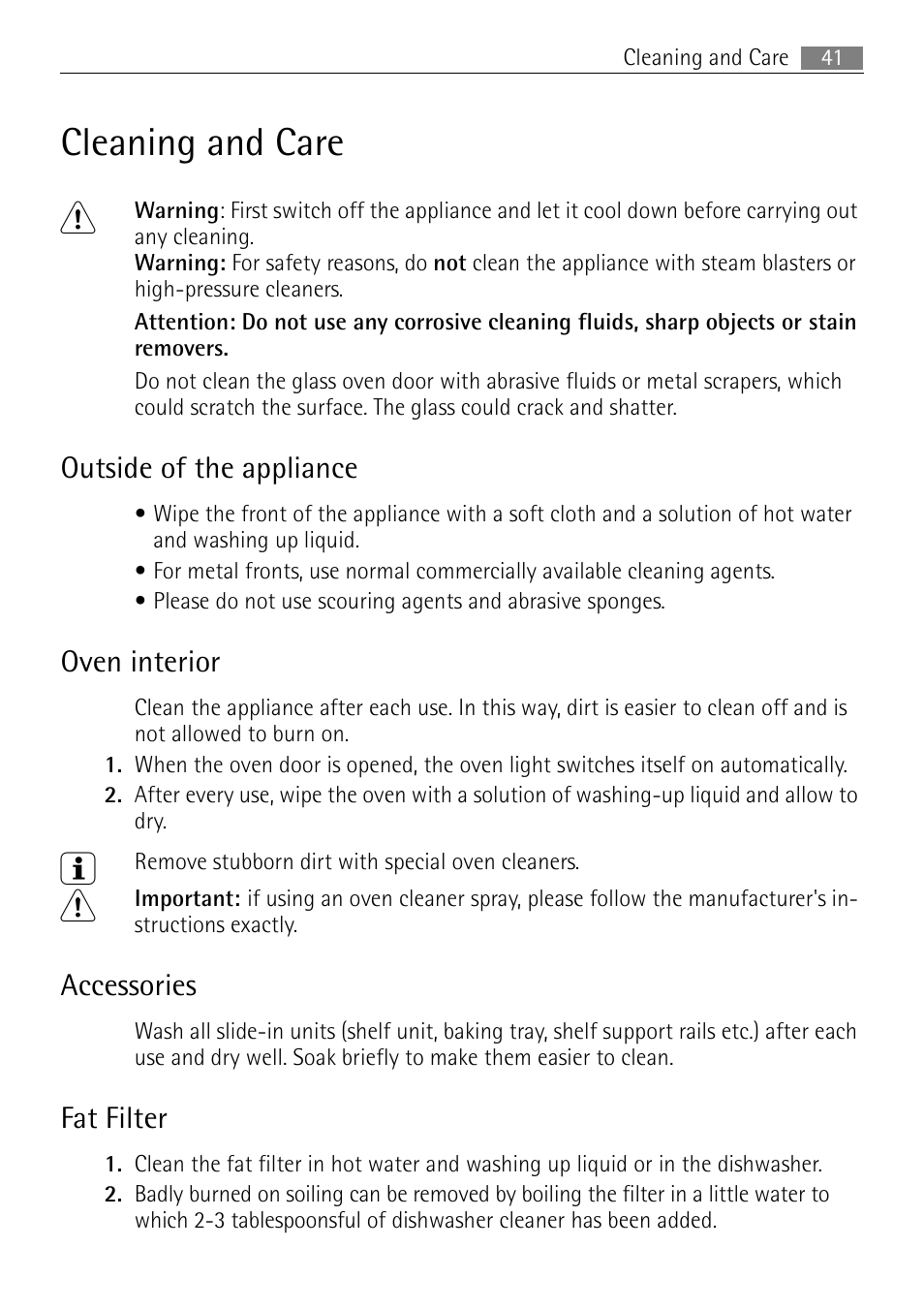 Cleaning and care 1, Outside of the appliance, Oven interior | Accessories, Fat filter | Electrolux USER MANUAL BUILT-IN ELECTRIC OVEN B5701-5 User Manual | Page 41 / 60