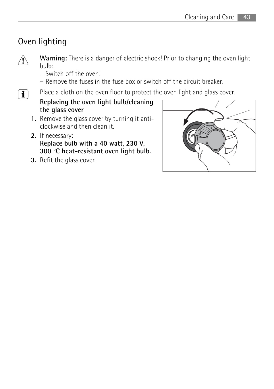Oven lighting | Electrolux USER MANUAL BUILT-IN ELECTRIC OVEN B5701-5 User Manual | Page 43 / 60