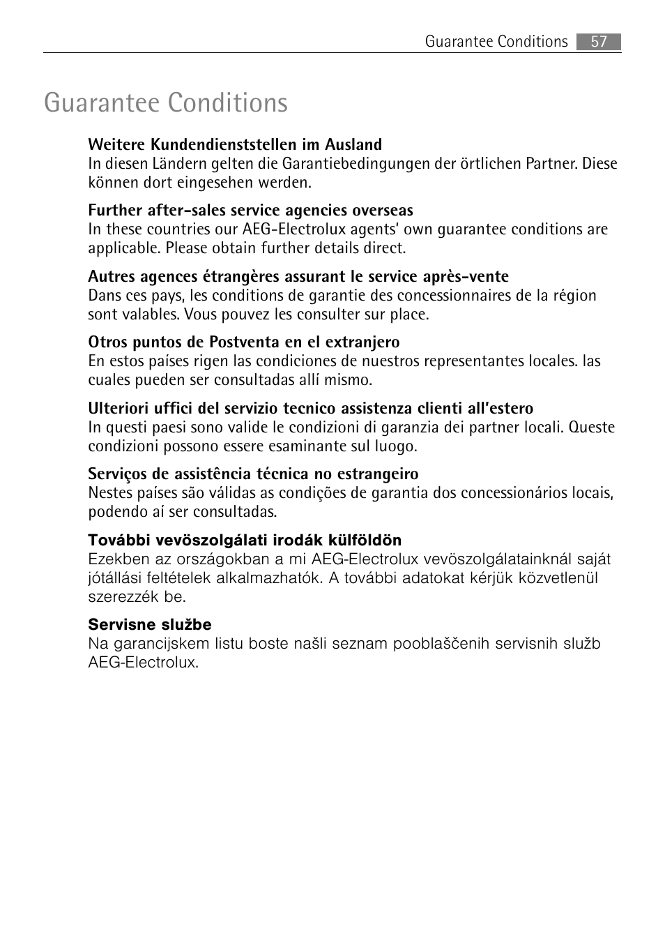 Guarantee conditions | Electrolux USER MANUAL BUILT-IN ELECTRIC OVEN B5701-5 User Manual | Page 57 / 60
