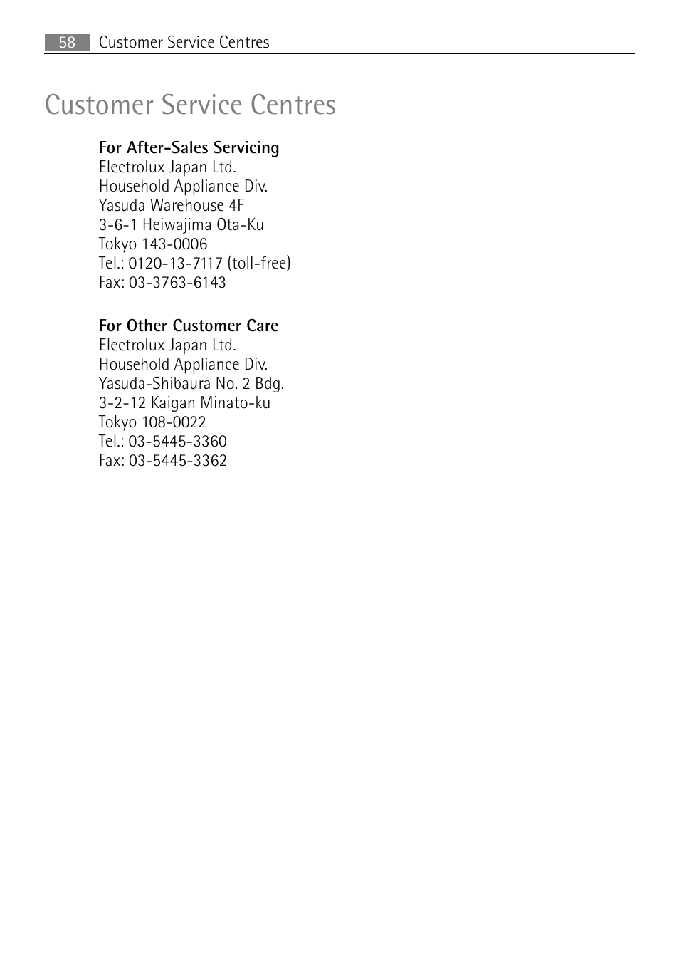 Customer service centres | Electrolux USER MANUAL BUILT-IN ELECTRIC OVEN B5701-5 User Manual | Page 58 / 60