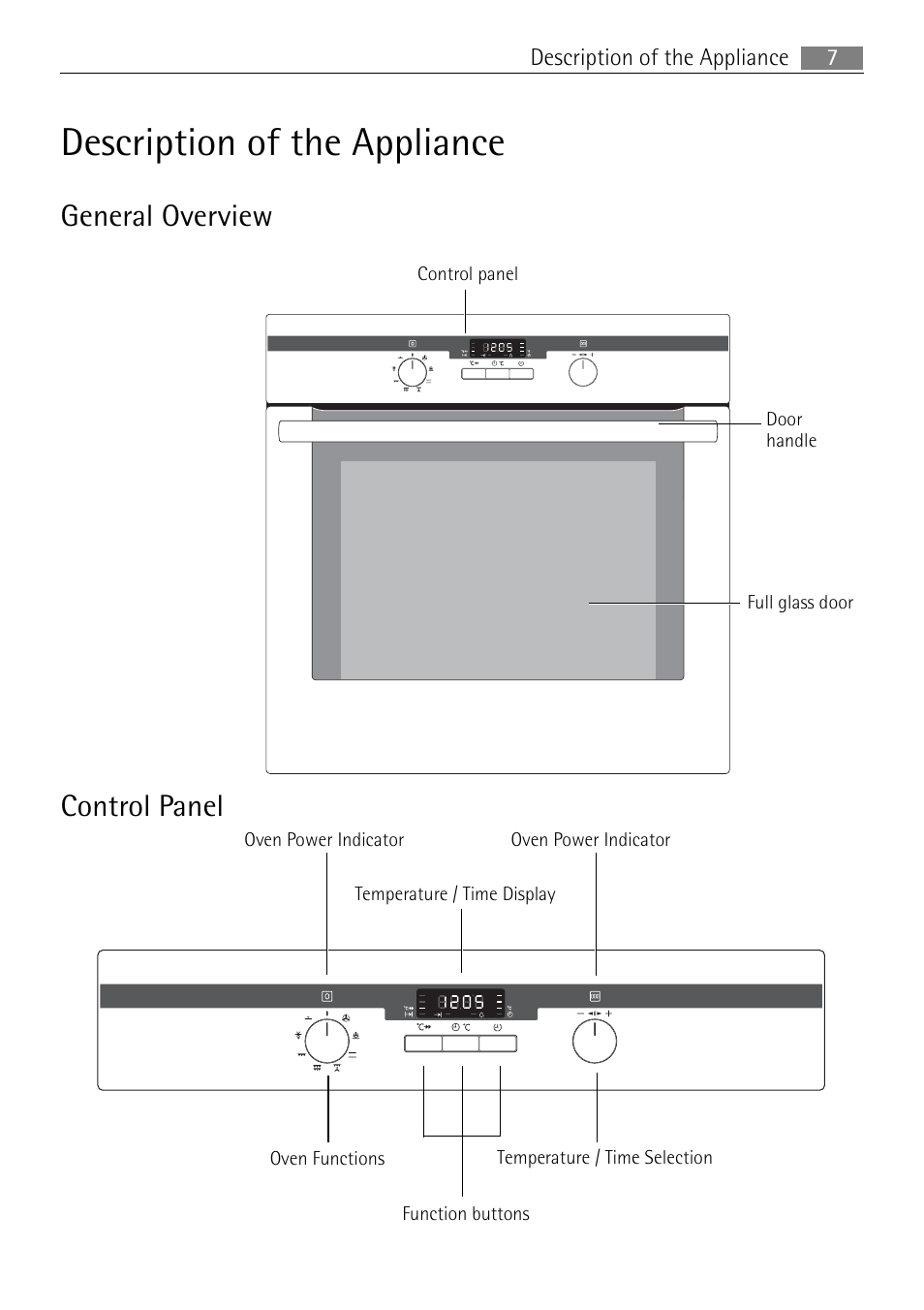 Description of the appliance, General overview, Control panel | Electrolux USER MANUAL BUILT-IN ELECTRIC OVEN B5701-5 User Manual | Page 7 / 60
