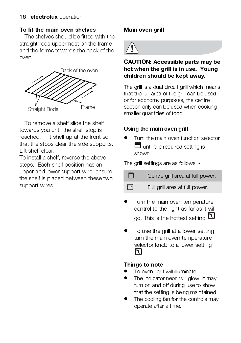 Electrolux, Main oven grill | Electrolux EKC6047 User Manual | Page 16 / 52