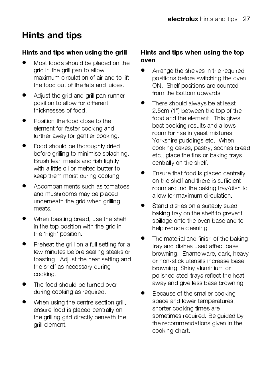 Electrolux, Hints and tips when using the grill, Hints and tips when using the top oven | Electrolux EKC6047 User Manual | Page 27 / 52