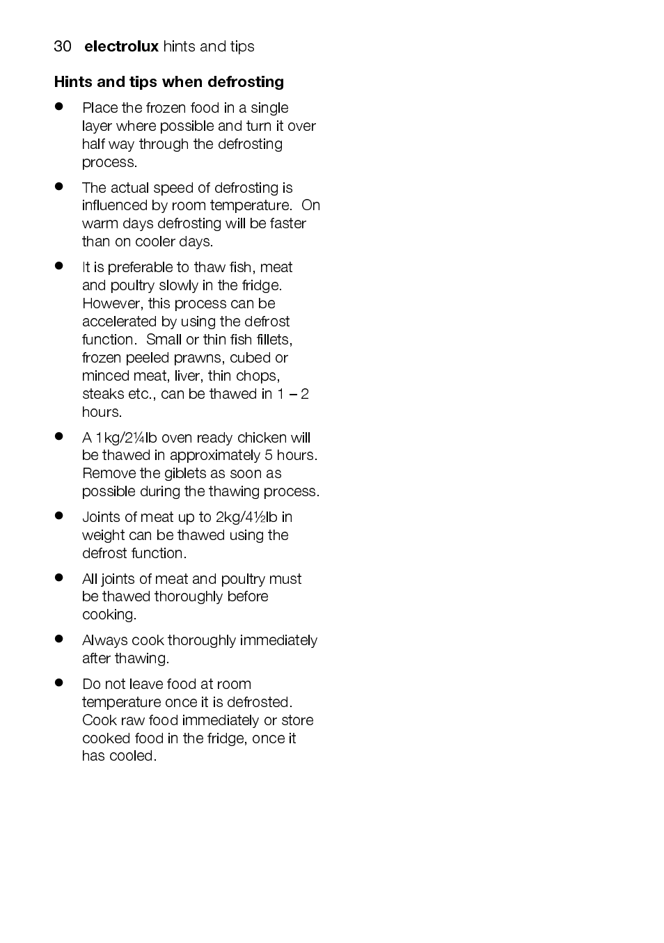 Electrolux, Hints and tips when defrosting | Electrolux EKC6047 User Manual | Page 30 / 52