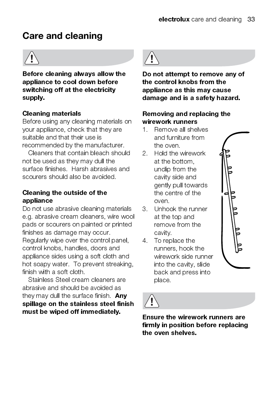 Electrolux, Cleaning materials, Cleaning the outside of the appliance | Removing and replacing the wirework runners | Electrolux EKC6047 User Manual | Page 33 / 52