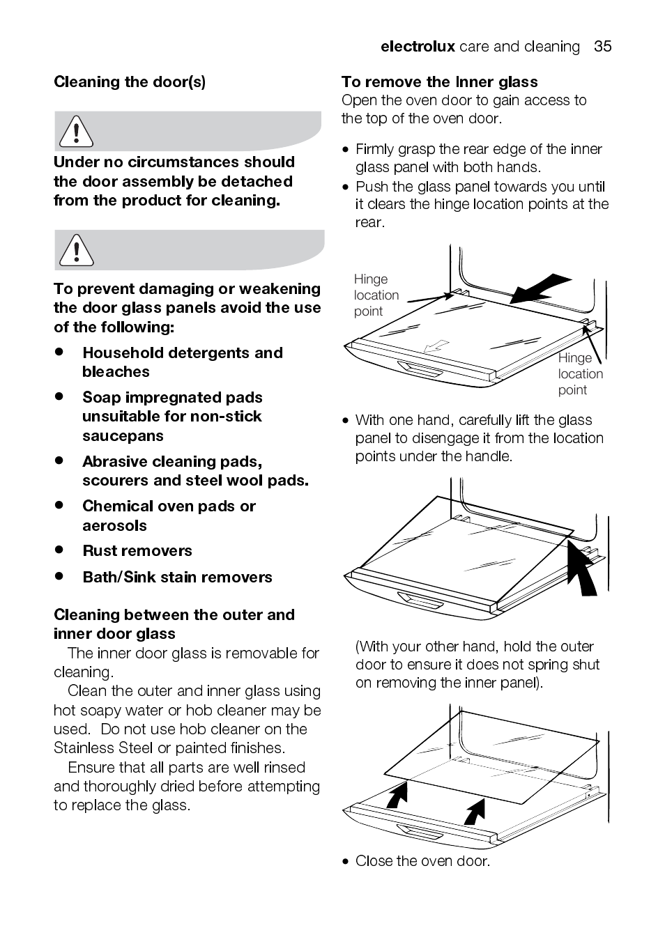 Electrolux, Cleaning the door(s), Household detergents and bleaches | Chemical oven pads or aerosols, Rust removers, Bath/sink stain removers, Cleaning between the outer and inner door glass | Electrolux EKC6047 User Manual | Page 35 / 52