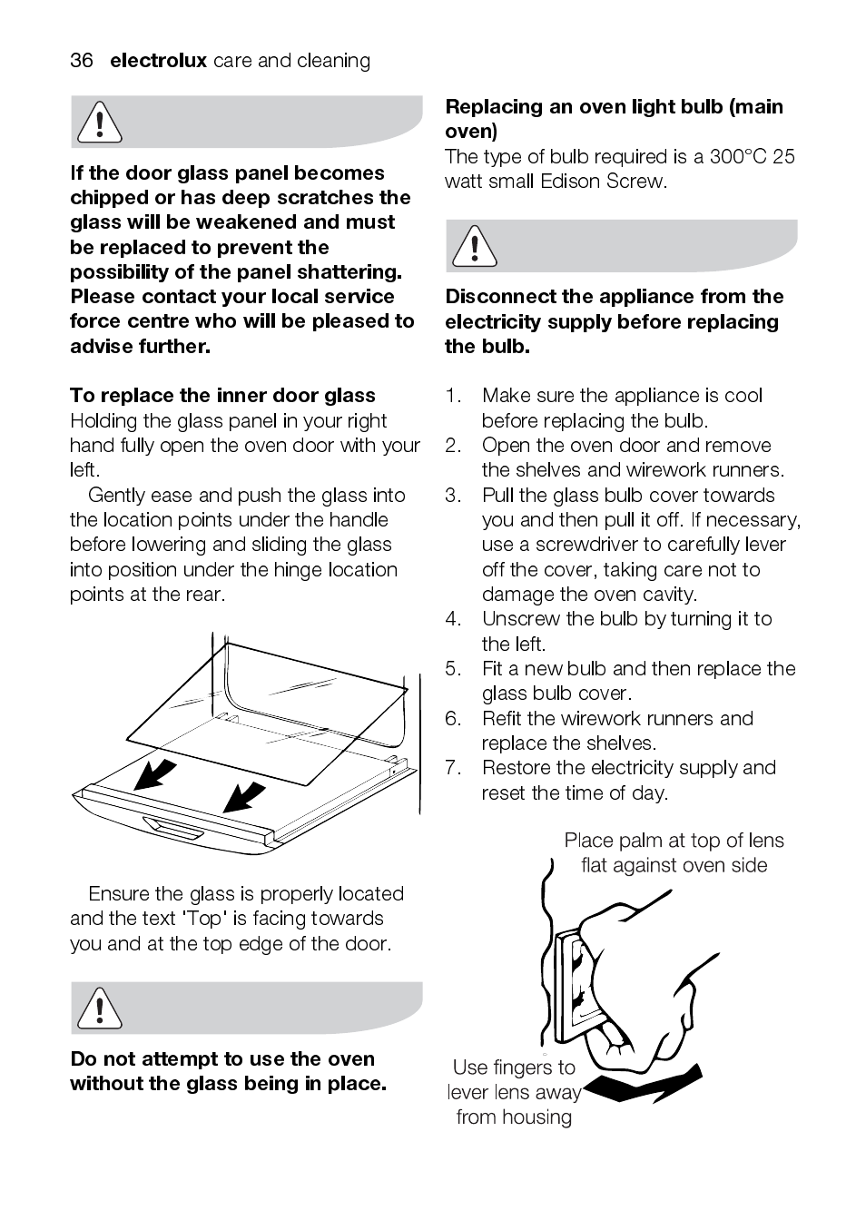 Electrolux, Replacing an oven light bulb (main oven) | Electrolux EKC6047 User Manual | Page 36 / 52