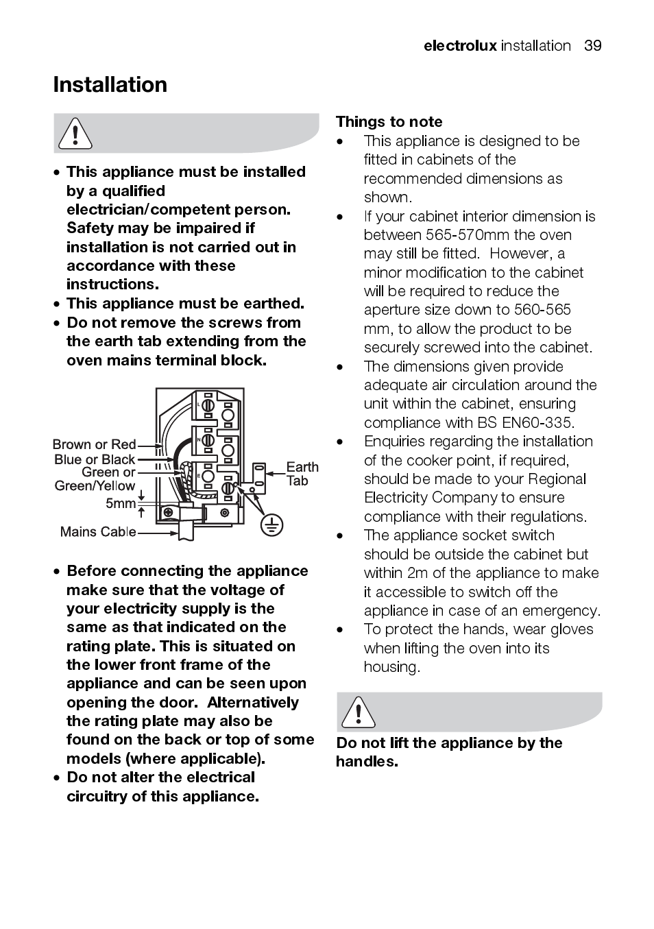 Electrolux, This appliance must be earthed, Do not lift the appliance by the handles | Electrolux EKC6047 User Manual | Page 39 / 52