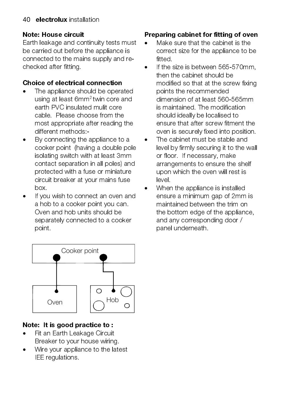 Electrolux, Choice of electrical connection, Preparing cabinet for fitting of oven | Electrolux EKC6047 User Manual | Page 40 / 52