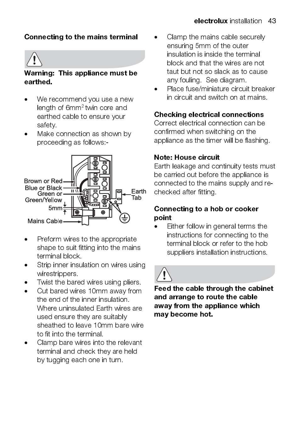 Electrolux, Checking electrical connections, Connecting to a hob or cooker point | Electrolux EKC6047 User Manual | Page 43 / 52