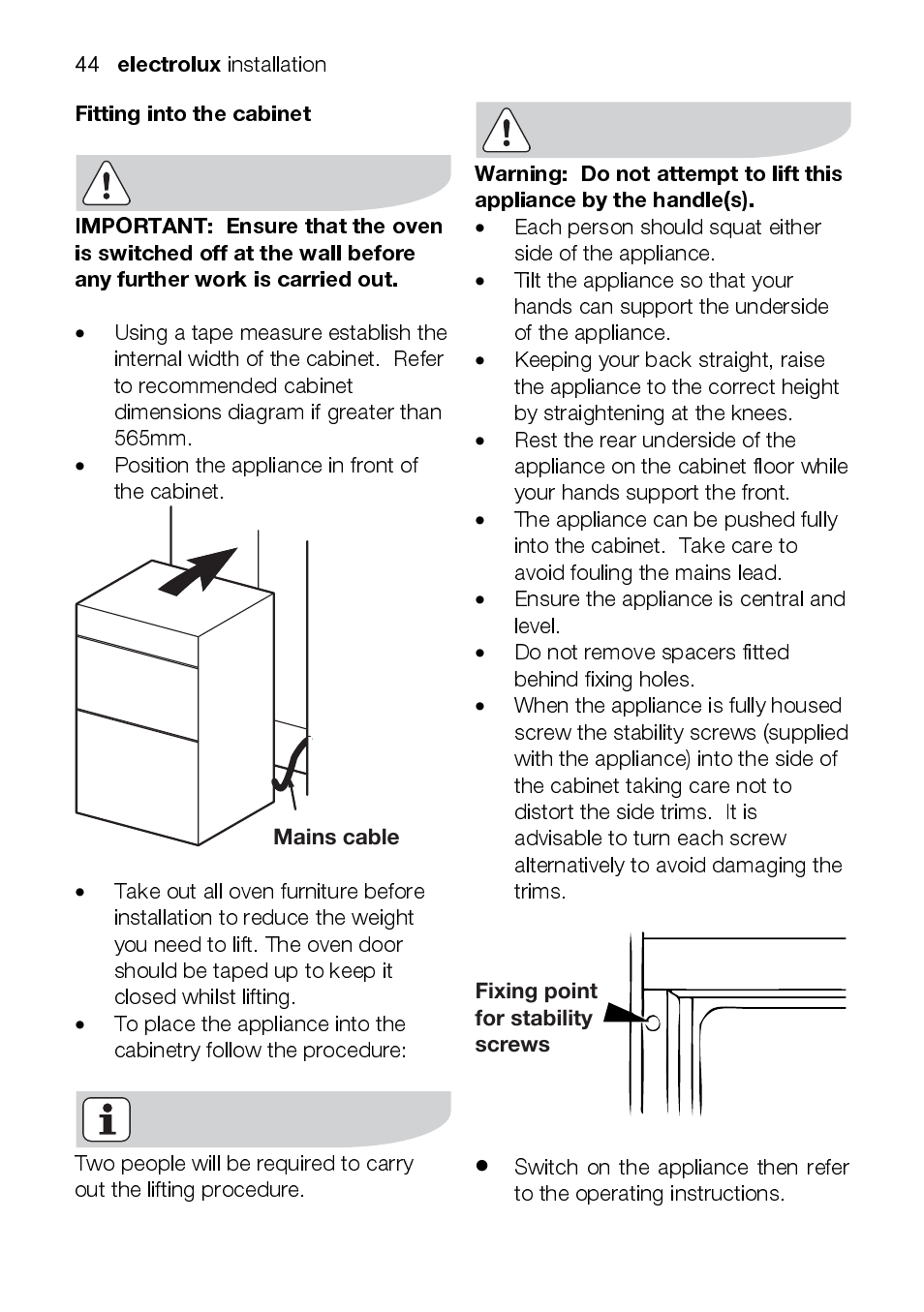 Electrolux, Fitting into the cabinet | Electrolux EKC6047 User Manual | Page 44 / 52