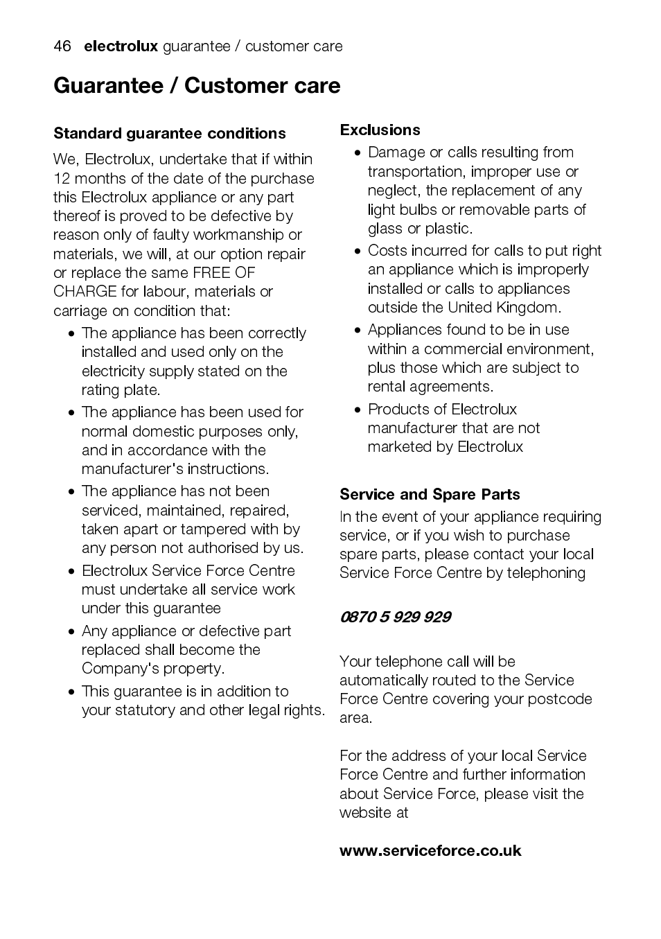 Electrolux, Standard guarantee conditions, Exclusions | Service and spare parts | Electrolux EKC6047 User Manual | Page 46 / 52