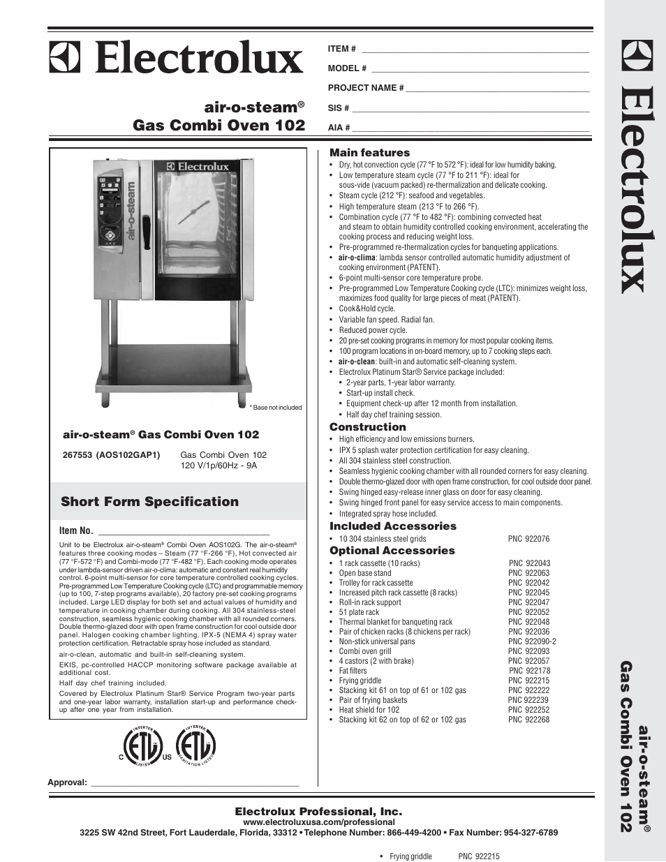 Electrolux Air-O-Steam AOS102GAP1 User Manual | 2 pages