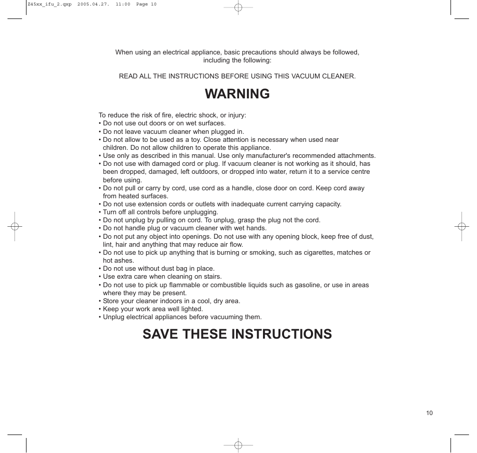 Warning, Save these instructions | Electrolux Z4590 User Manual | Page 10 / 11