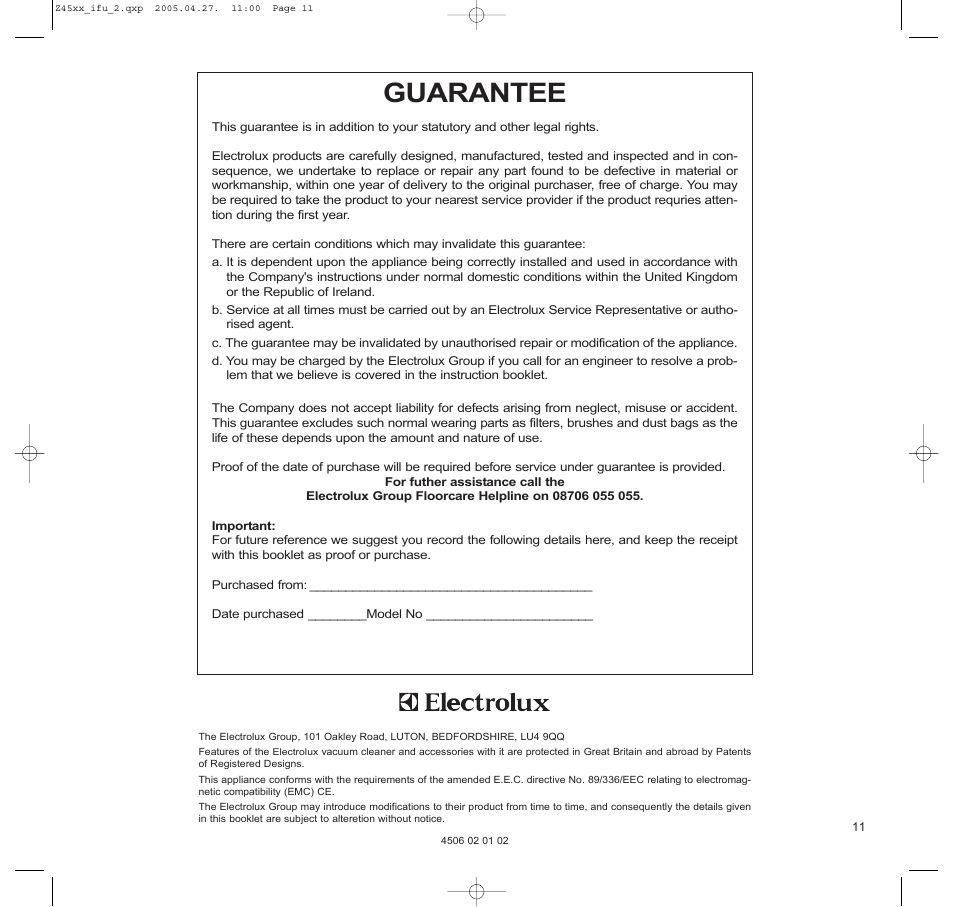 Guarantee | Electrolux Z4590 User Manual | Page 11 / 11