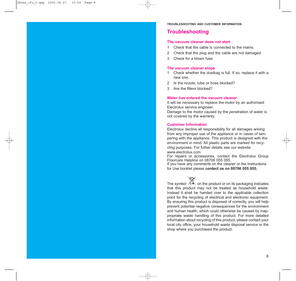 Troubleshooting | Electrolux Z4590 User Manual | Page 8 / 11