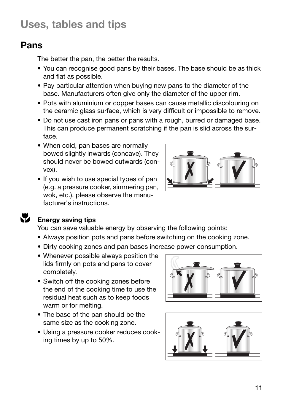 Uses, tables and tips, Pans | Electrolux U24254 EHP6602K User Manual | Page 11 / 28