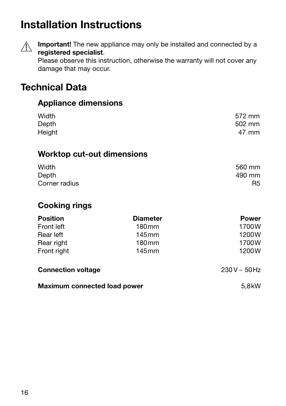 Installation instructions, Technical data | Electrolux U24254 EHP6602K User Manual | Page 16 / 28