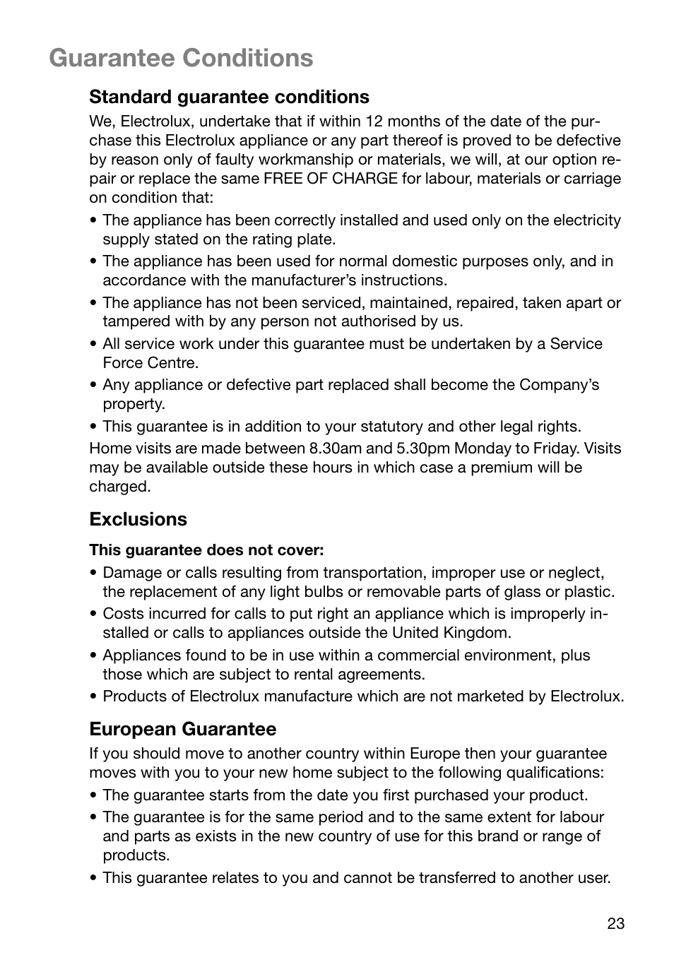 Guarantee conditions | Electrolux U24254 EHP6602K User Manual | Page 23 / 28