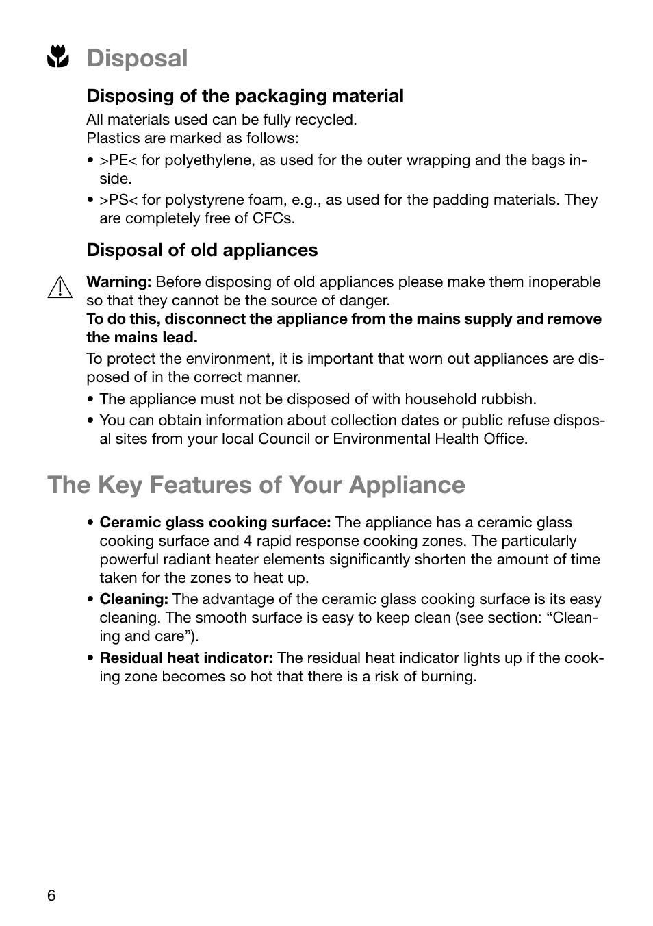 Disposal, The key features of your appliance | Electrolux U24254 EHP6602K User Manual | Page 6 / 28